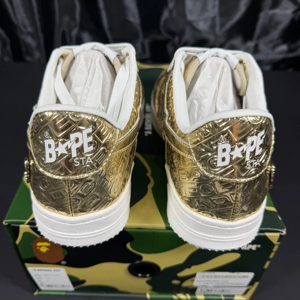 A Bathing Ape Bape Sta Gold Metallic Embossed Low Top Sneakers 1K80191305 Size 8
